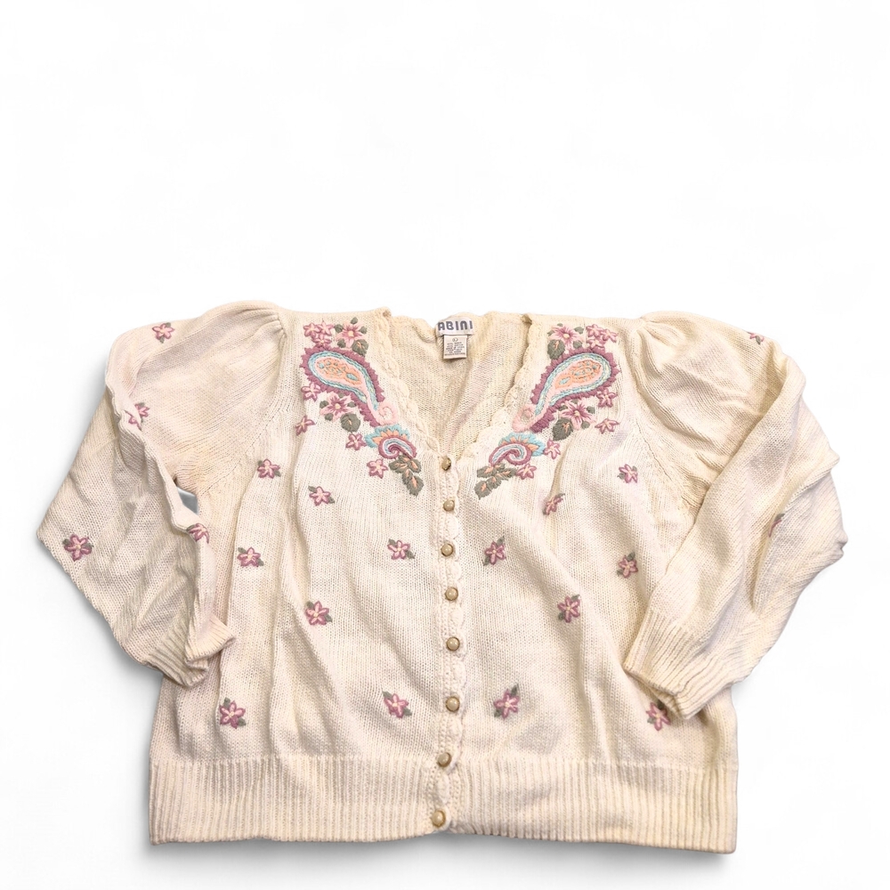Vintage Cream Embroidered Women's Cardigan By Abini Size L